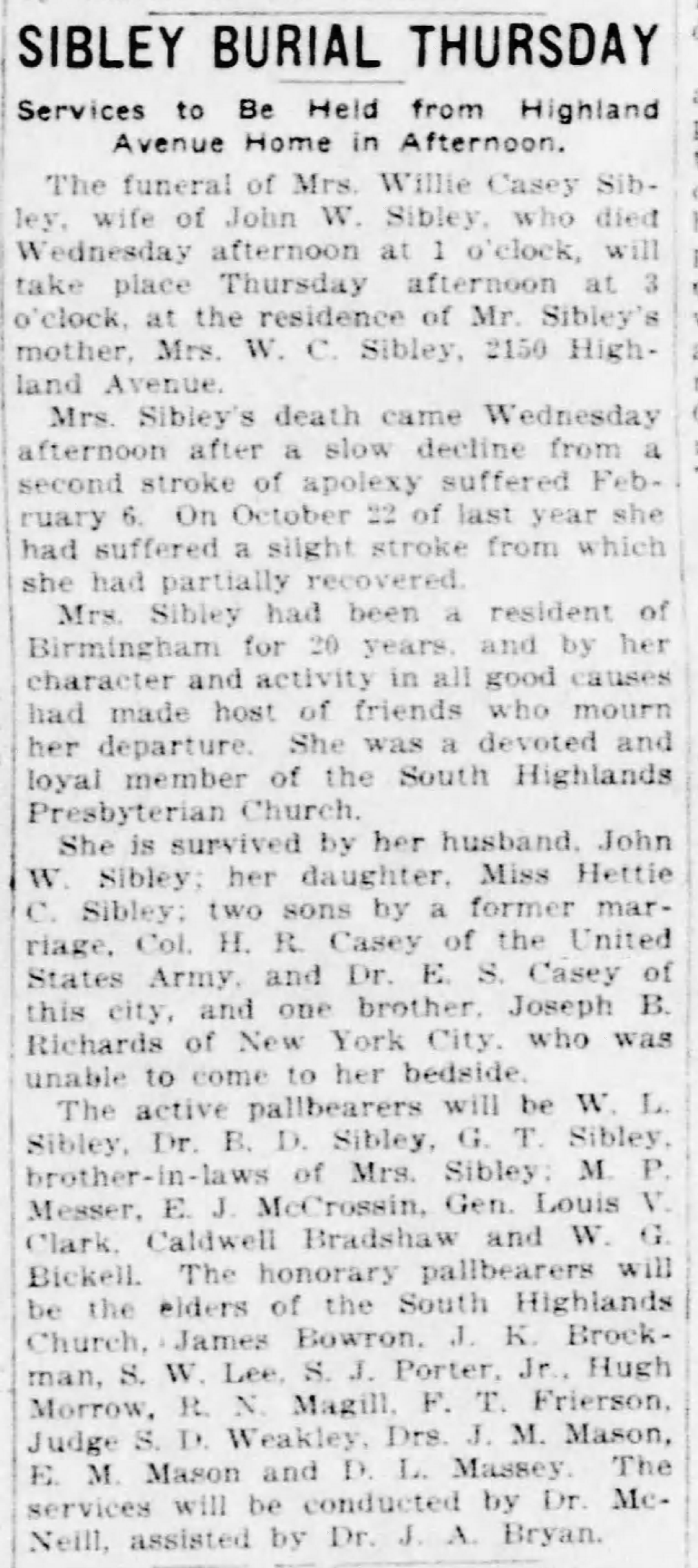 Mrs. Willie Casey obituary